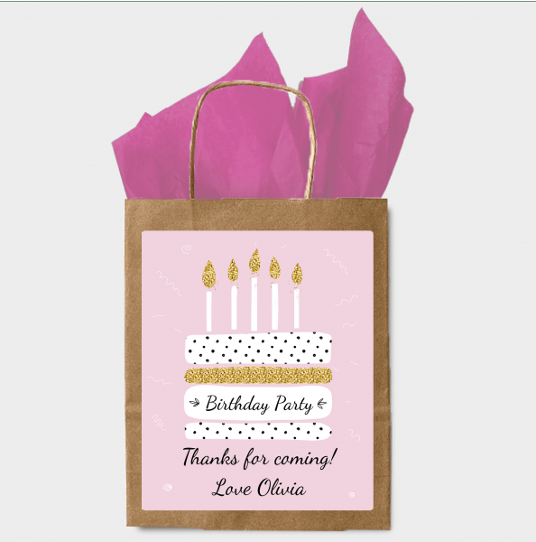 10 Stickers for Party Bags -  Birthday Cake (pink)