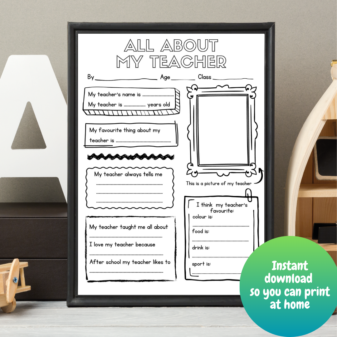 All About My Teacher (black & white) - thestickersite.com